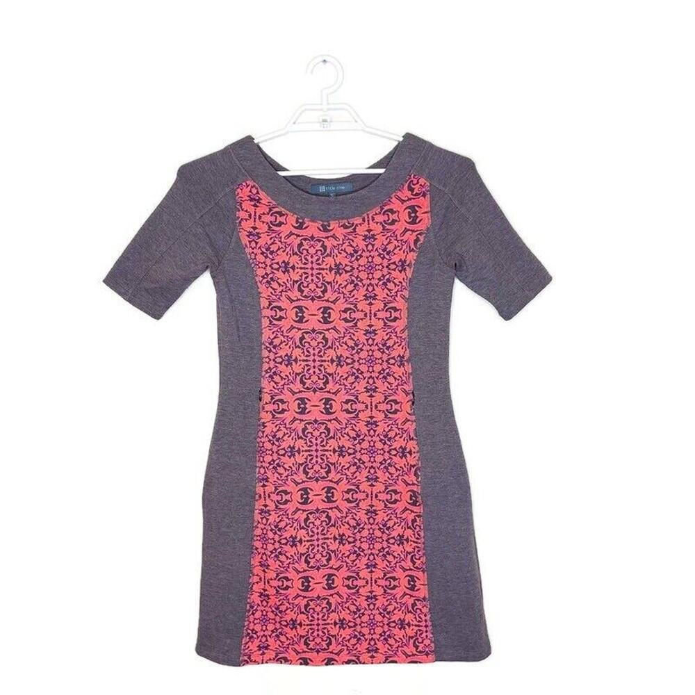 TITLE NINE Women's Gray Brown Print Stretch Jersey Knit Dress Pockets Sport Sz S